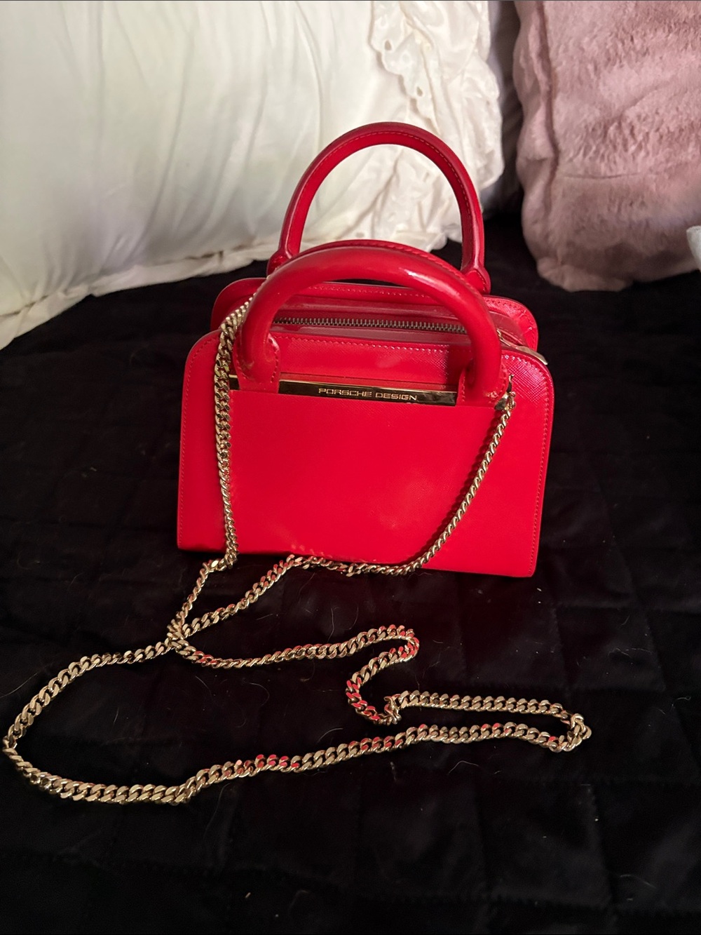 Porsche Design Red Leather Mini Top-Handle Crossbody with Gold Chain